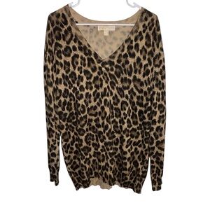 Michael Kors Leopard Print V-Neck Tunic Sweater XL Brown Tan Comfortable Animal